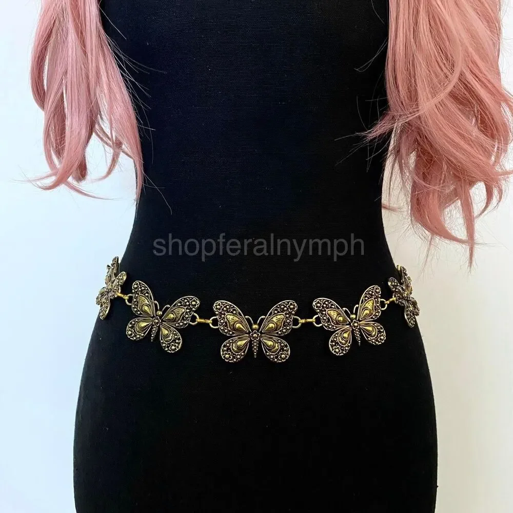 Antique Gold Y2K Butterfly Fairycore Chain Belt, Fits 15-46 Inches, X7GA1273